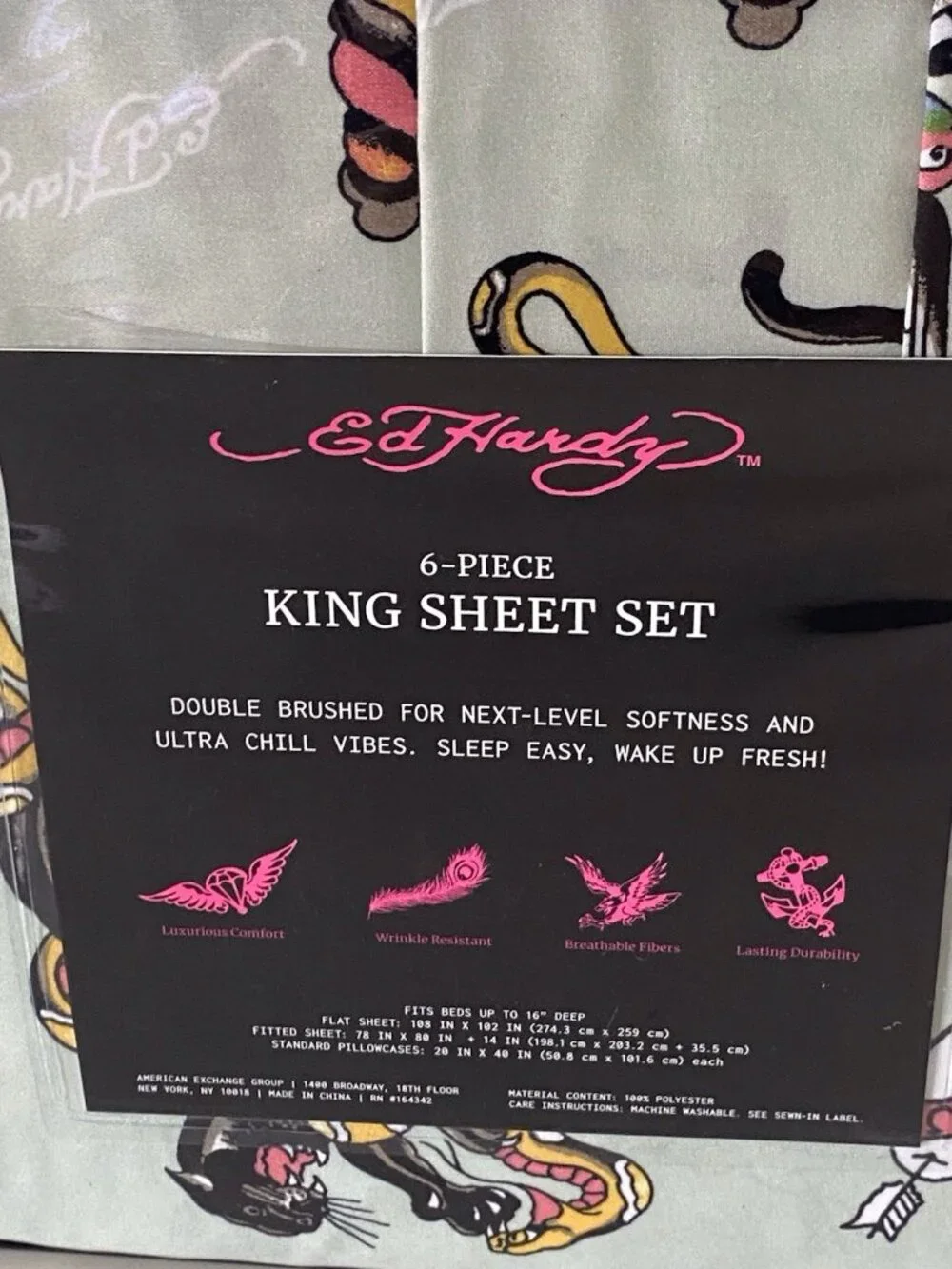 6 Piece Ed Hardy KING Size Sheet‎ Set Green Logo Panther Snake Hearts Roses NEW